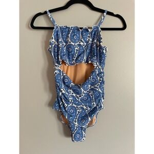 Crewcuts J Crew Girls Paisley Ruffle Cutout One Piece Swimsuit Blue Size 12